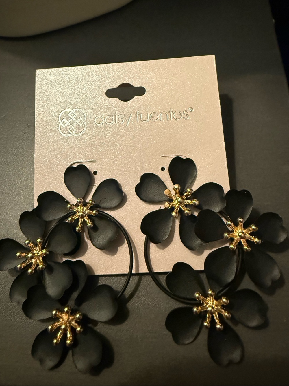 Daisy Fuentes Black Floral Hoop Earrings with Gold Centers